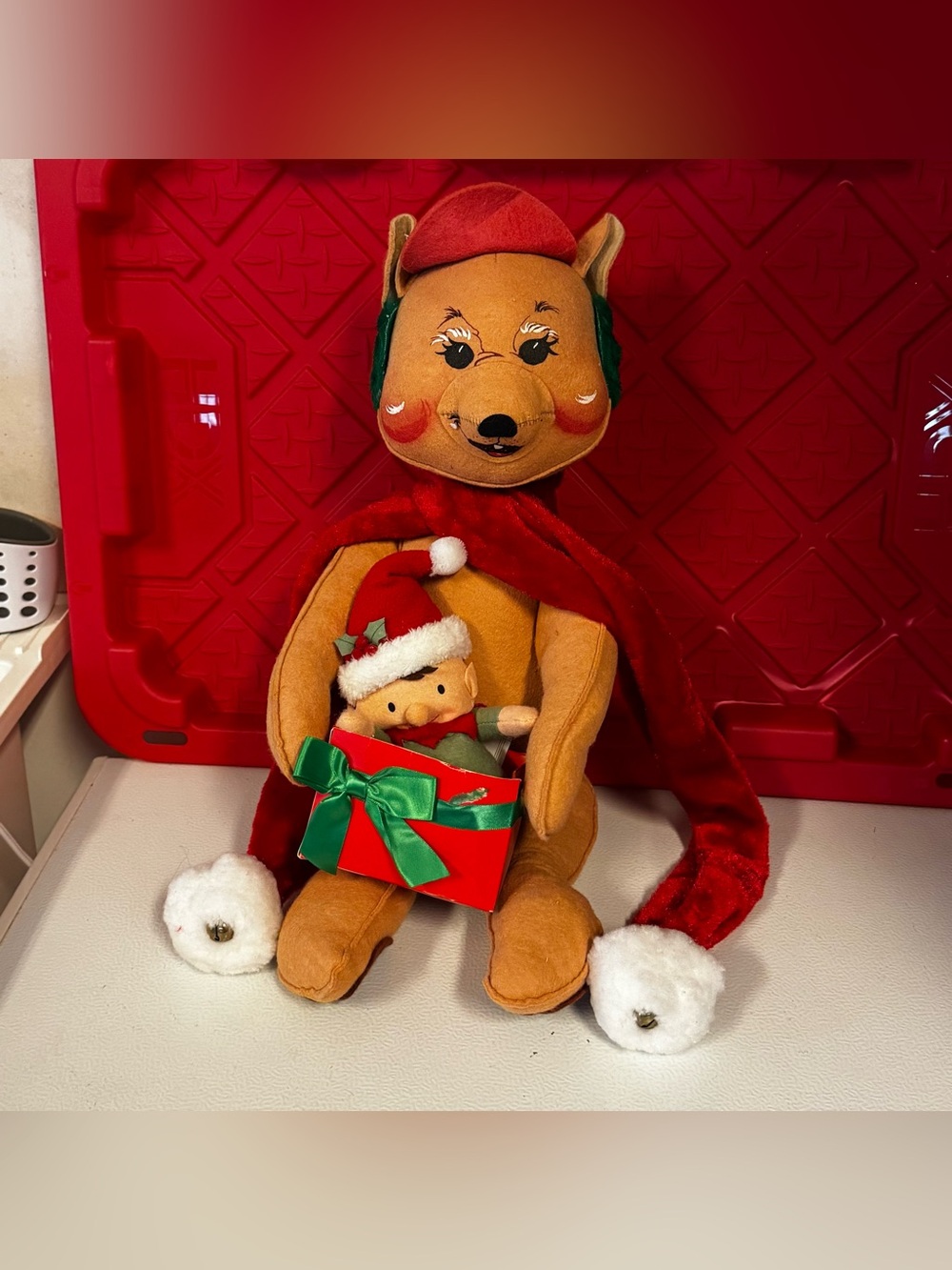 Annalee Brown Plush Bear with Red Cape and Green Accents
